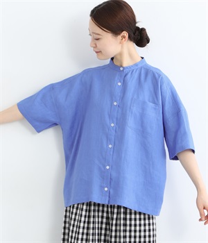 リネン平織スタンドカラーブラウス(ブルー-ONESIZE)
