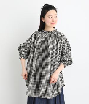 32×30コットンリネン平織9分袖シャツ(ギンガム-F)