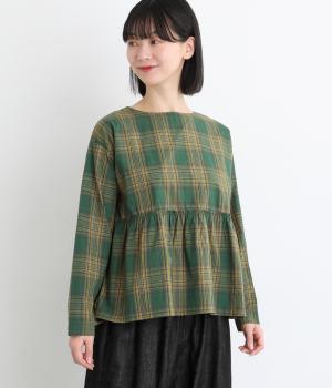 50コットン平織チェック柄切替ギャザーフレアシャツ(グリーンイエロー-F)