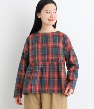 50コットン平織チェック柄切替ギャザーフレアシャツ(アカネイビー-F)