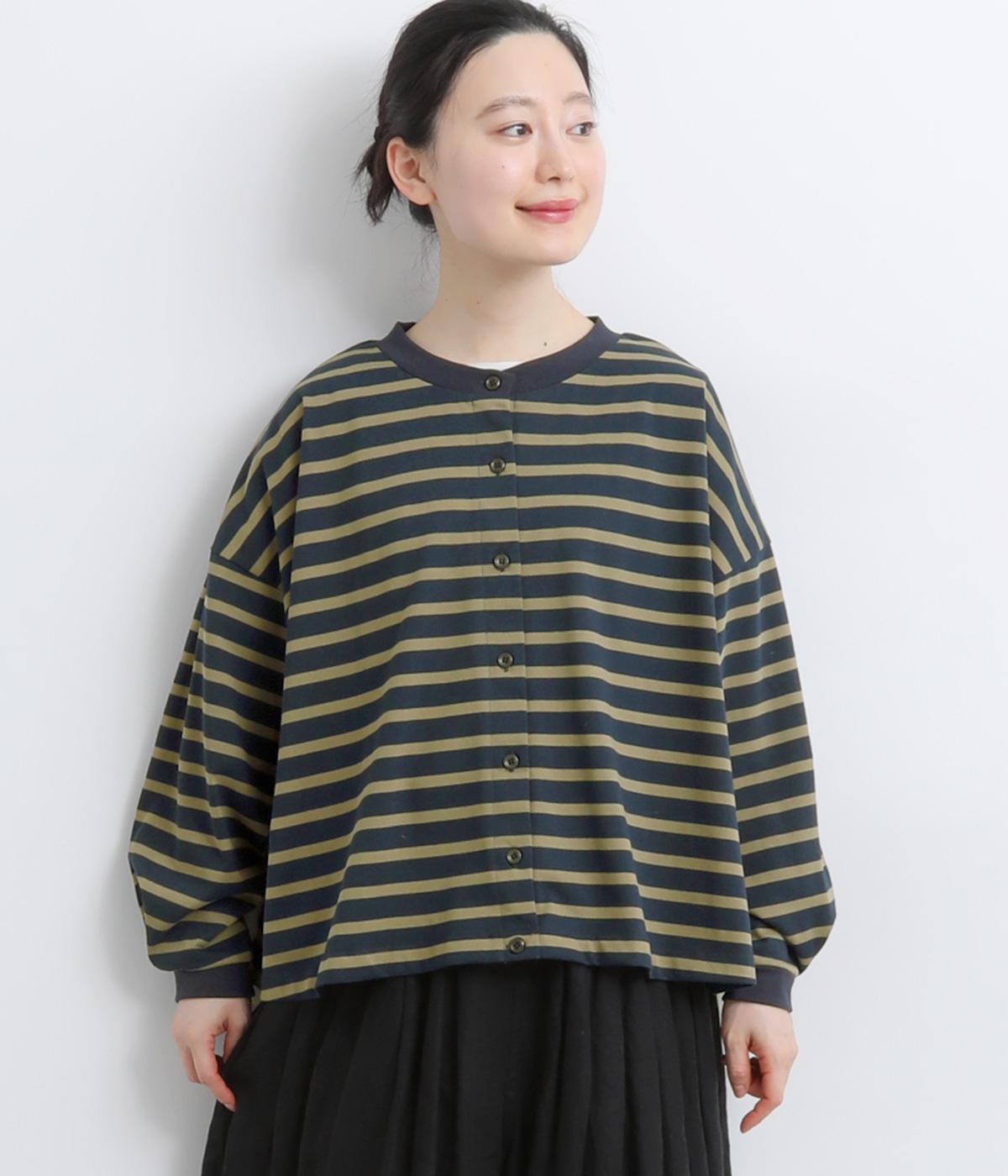 32コットン×ポリエステル引き揃え天竺ボーダーカーディガン(ネイビー×カーキ-F)