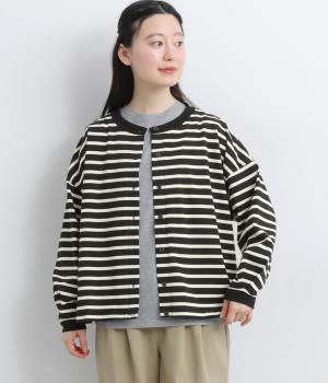 32コットン×ポリエステル引き揃え天竺ボーダーカーディガン(クロ×アイボリー-F)
