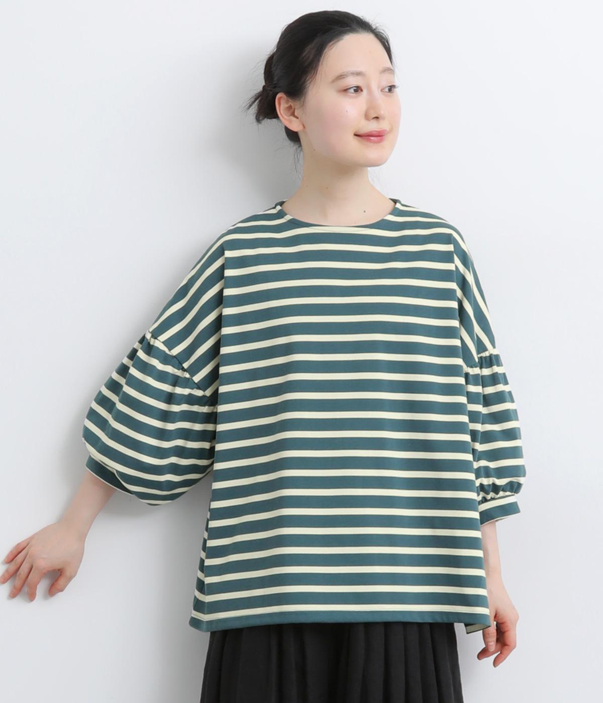 コットン×ポリエステル引き揃え天竺ボーダー7分袖カットソー(グリーン×アイボリー-F)