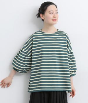 コットン×ポリエステル引き揃え天竺ボーダー7分袖カットソー(グリーン×アイボリー-F)
