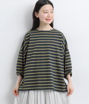 コットン×ポリエステル引き揃え天竺ボーダー7分袖カットソー(ネイビー×カーキ-F)