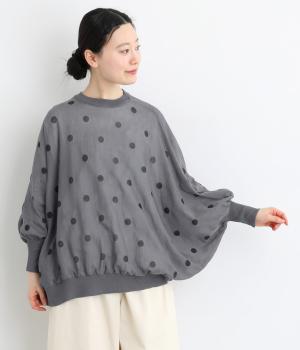 32/2リネンタッチポリエステル天竺ドットプリント9分袖カットソー(グレーネイビー-F)