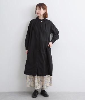 コットンローン日本製品染切替えシャツワンピース(ブラック-ONESIZE)