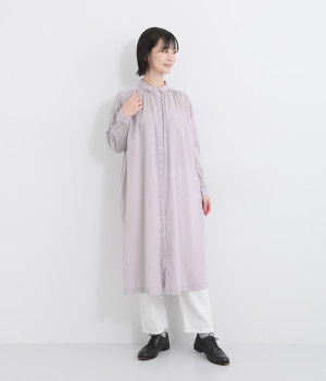コットン日本製品染めギャザーシャツワンピース(ラベンダー-ONESIZE)