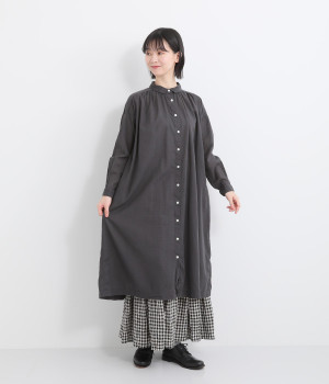 コットン日本製品染めギャザーシャツワンピース(チャコール-ONESIZE)