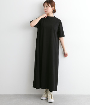 コットンリネン天竺5分袖ワンピース(ブラック-ONESIZE)