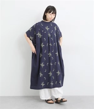 コットン平織　総柄刺繍　サイドギャザー2wayワンピース(ダークネイビー-ONESIZE)