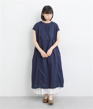 【tukuroi by SUN VALLEY】コットンリネン平織日本製品染　2wayギャザーワンピース(ミッドナイトブルー-ONESIZE)