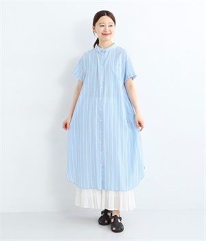コットンガーゼストライプワンピース(ブルー-ONESIZE)