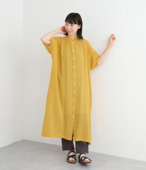 コットンリネンガーゼギャザーワンピース(イエロー-ONESIZE)