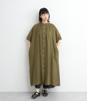 コットンリネンガーゼギャザーワンピース(カーキ-ONESIZE)