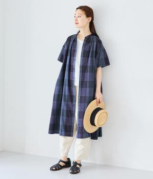 コットン平織ブロックチェックワンピース(ネイビー-ONESIZE)