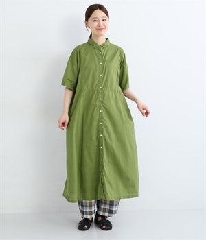コットンローン日本製品染5分袖切替えワンピース(グラスグリーン-ONESIZE)
