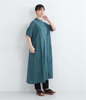 コットンローン日本製品染5分袖切替えワンピース(ナイトブルー-ONESIZE)