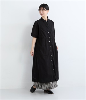 コットンローン日本製品染5分袖切替えワンピース(スミクロ-ONESIZE)