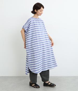 コットン織柄ボーダーバックポケットワンピース(シャンブレーブルー-ONESIZE)