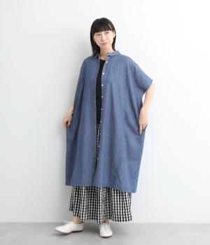 コットンデニムワイドワンピース(ブルー-ONESIZE)