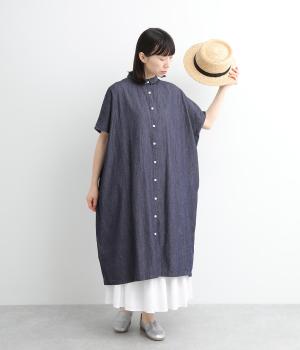 コットンデニムワイドワンピース(ネイビー-ONESIZE)
