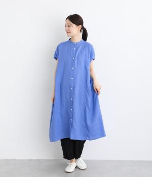 リネン平織サイドギャザーワンピース(ブルー-ONESIZE)