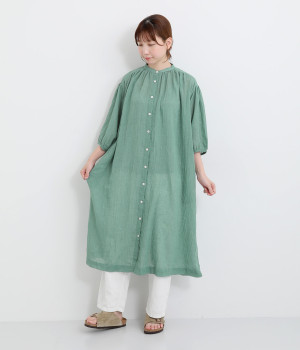 ソフトガーゼ7分袖ギャザーワンピース(グリーン-ONESIZE)