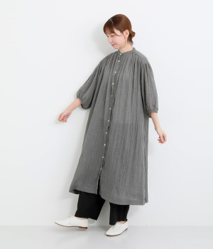 ソフトガーゼ7分袖ギャザーワンピース(ダークグレー-ONESIZE)