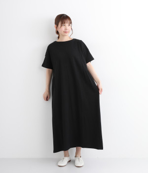 コットンリネン天竺　サイドギャザーワンピース(クロ-ONESIZE)