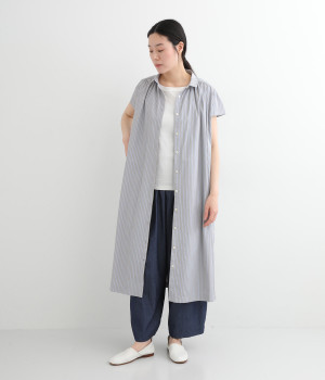 ＴＣタイプライターストライプギャザーワンピース(ブルー×カーキ-ONESIZE)