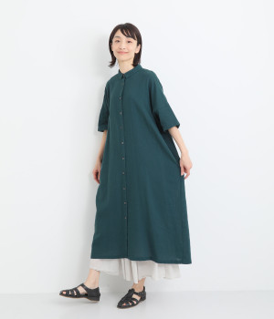 リネンブレンドからみ織5分袖ワンピース(ブルーグリーン-ONESIZE)