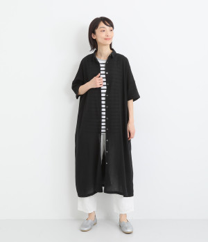 リネンブレンドからみ織5分袖ワンピース(ブラック-ONESIZE)