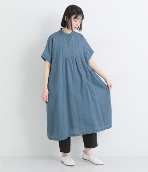 【tukuroi by SUN VALLEY】リネンコットン細番手　切替えギャザーワンピース(ブルー-ONESIZE)