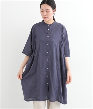 コットンボイル日本製品染め　サイドギャザーチュニック(グレーネイビー-ONESIZE)