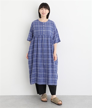 コットンリネンレーヨン織柄 チェック柄切替ギャザーワンピース(ブルー-ONESIZE)
