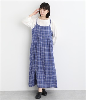 コットンリネンレーヨン織柄 チェック柄キャミワンピース(ブルー-ONESIZE)