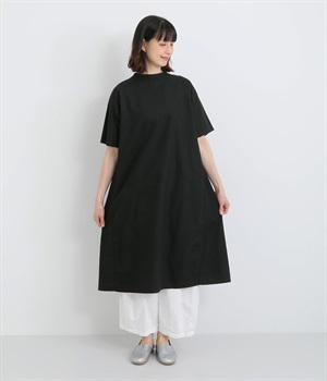 オックス日本製品染め5分袖バックポケットワンピース(ブラック-ONESIZE)