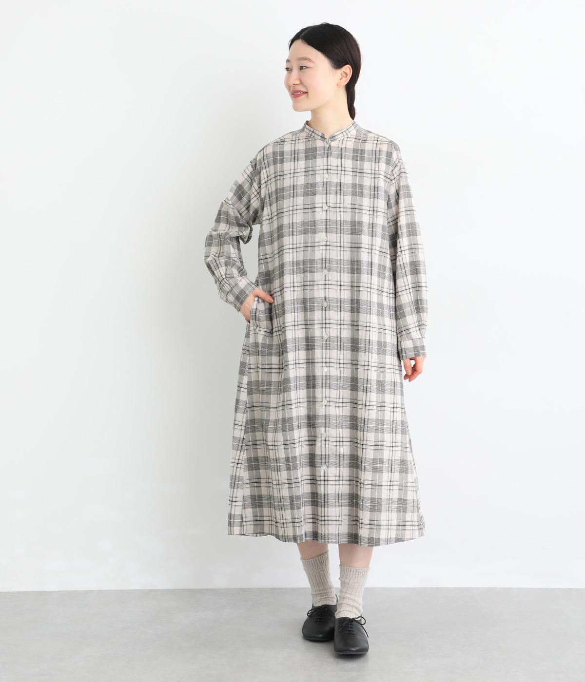 32×30コットンリネン平織9分袖シャツワンピース(グレンチェック-F)