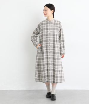 32×30コットンリネン平織9分袖シャツワンピース(グレンチェック-F)