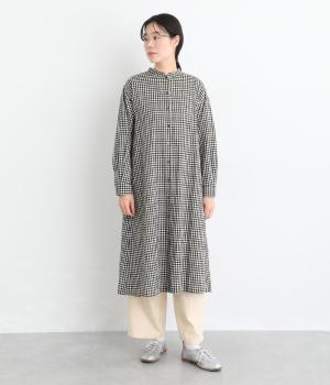 32×30コットンリネン平織9分袖シャツワンピース(ギンガム-F)