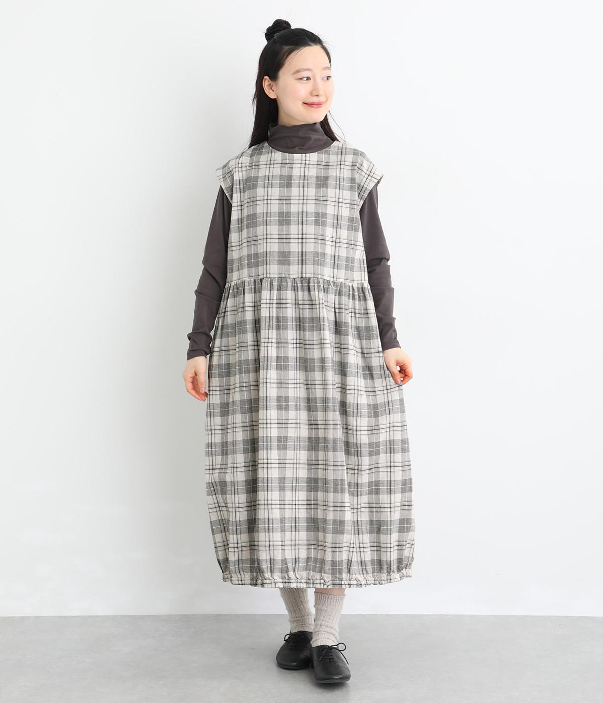 32×30コットンリネン平織9分袖ワンピース(グレンチェック-F)