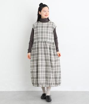 32×30コットンリネン平織9分袖ワンピース(グレンチェック-F)