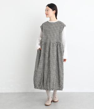 32×30コットンリネン平織9分袖ワンピース(ギンガム-F)