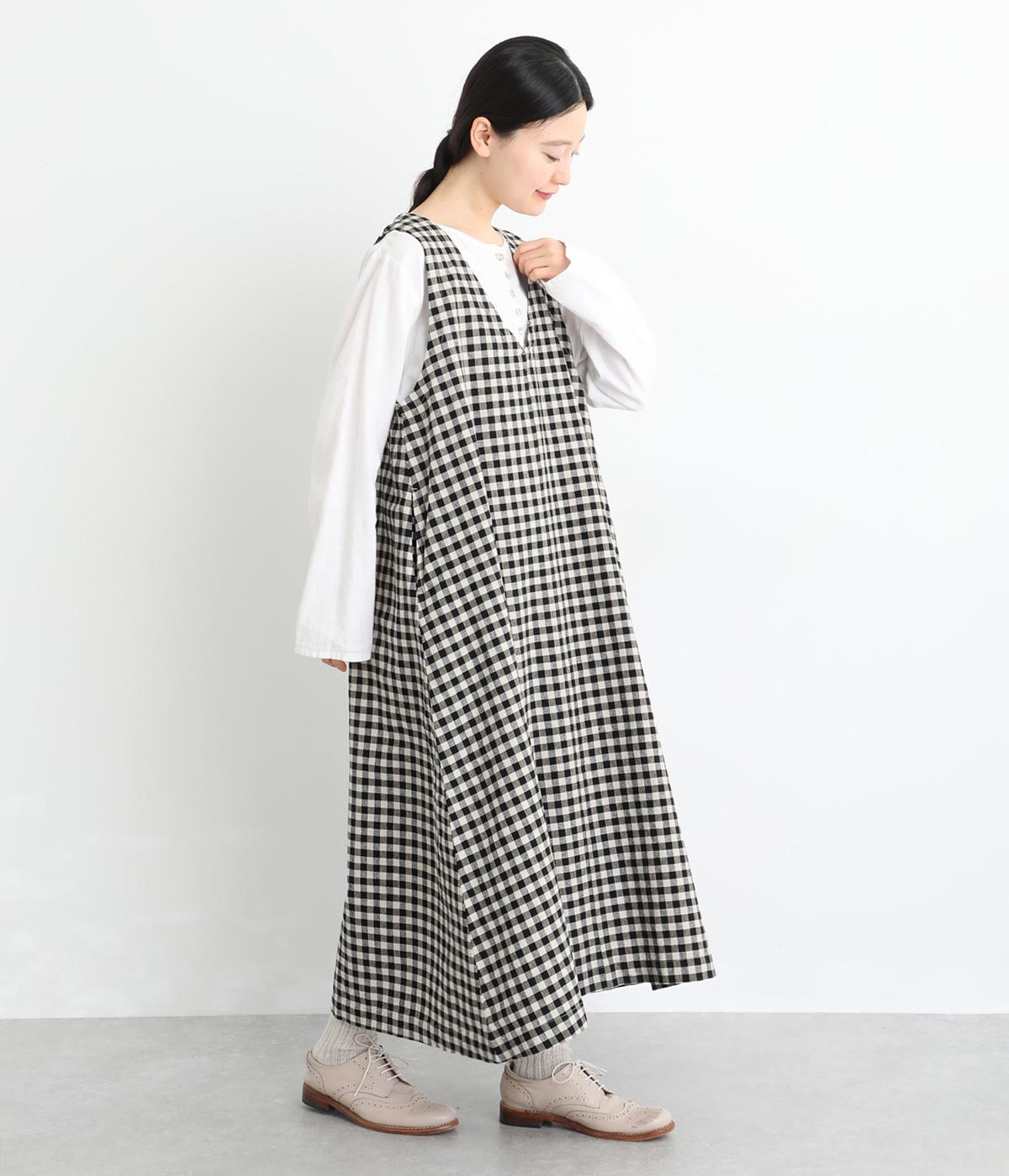 11×12コットンリネン平織ジャンパースカート(ギンガム/キナリ×クロ-F)