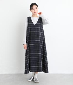 11×12コットンリネン平織ジャンパースカート(チェック/ネイビー-F)