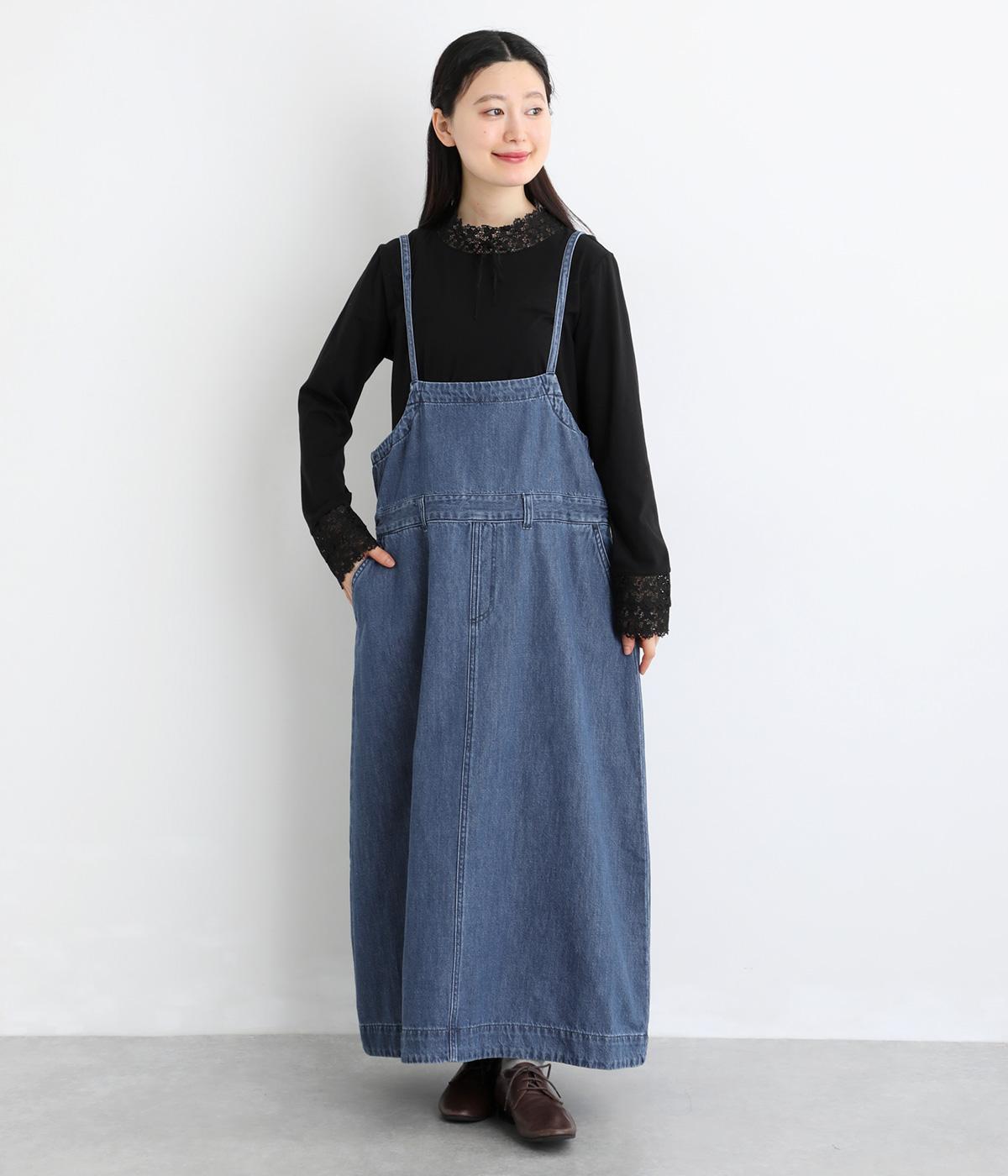 10ozコットン甘織デニム・ヒッコリージャンパースカート(ブルー-F)