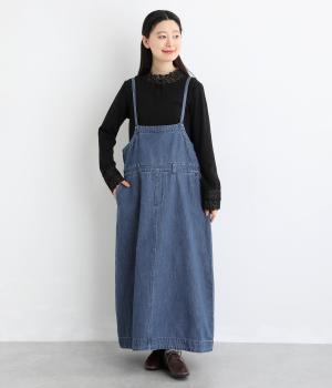 10ozコットン甘織デニム・ヒッコリージャンパースカート(ブルー-F)