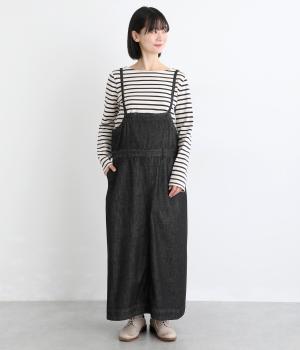 10ozコットン甘織デニム・ヒッコリージャンパースカート(クロ-F)