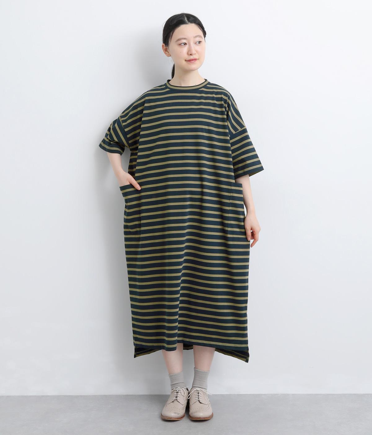 32コットン×ポリエステル引き揃え天竺ボーダー6分袖ワンピース(ネイビー×カーキ-F)